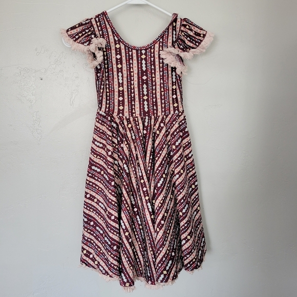 Dot Dot Smile Little Girls 7 Short Sleeve Dress Burgundy Pink Print Tassel Trim - Picture 1 of 8